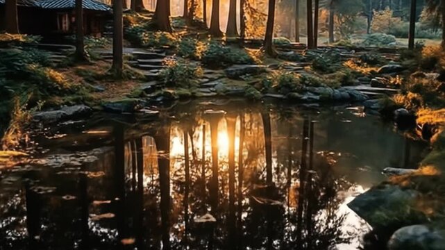 Tranquil forest pond scene with reflections and sunlight filtering through trees