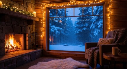 Cozy winter cabin scene with roaring fireplace and a window view of a snowy forest night