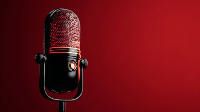 Professional podcast microphone with pop filter on desk, modern audio recording studio background with broadcast equipment, digital content creation and streaming technology setup, sound engineering a - Powered by Adobe