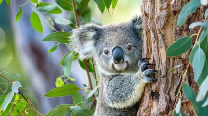 Young Koala Clinging to Tree Trunk in Green Foliage Natural Environment