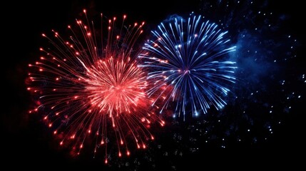 Fototapeta premium A display of fireworks fills the night sky with bright red and blue colors. The bursts create an exciting atmosphere as people enjoy the celebration. Loud sounds accompany the vibrant scene.