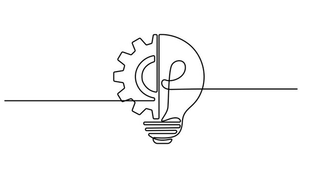 Animation video of a light bulb with metal gears inside in continuous line style. Machinery company identity concept, Full length one line animation, creative idea in one line style running video. 4k 