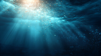Dreamy underwater scene with soft light rays and floating particles illuminating deep blue ocean in turquoise and indigo fluid gradients
