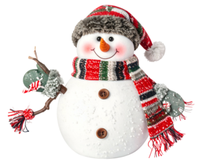 Cheerful snowman with twig arms, festive hat, and striped scarf