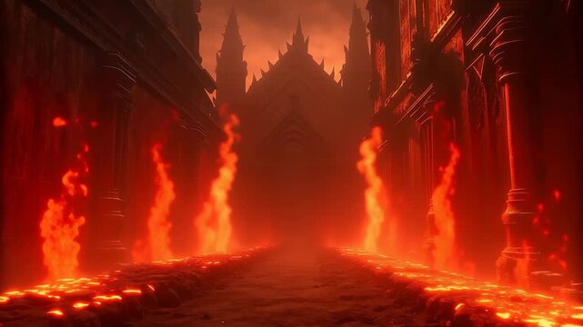 Fiery passage depicted as entrance to hell concept. The scene is filled with flames and lava, leading to a shadowy structure.