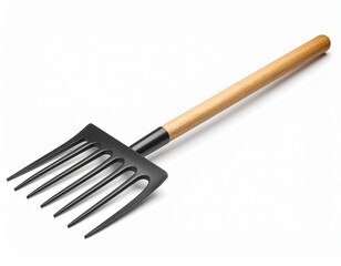 A collection of essential metal and wooden gardening tools including a shovel and fork isolated on a white background as professional domestic equipment