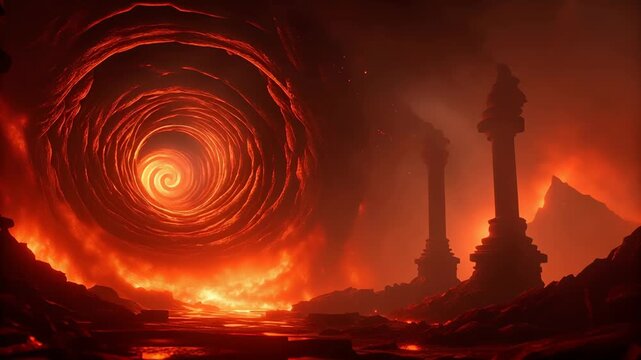 Fiery passage depicted as entrance to hell concept. A swirling vortex of fire and lava amidst dark, ominous surroundings.