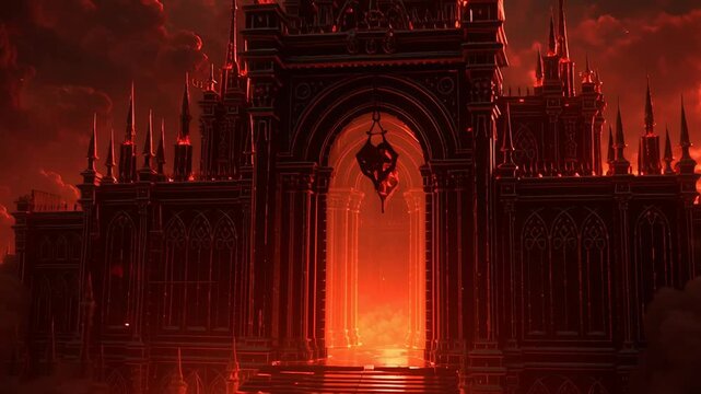Fiery passage depicted as entrance to hell concept. A grand gate surrounded by swirling clouds and lava, glowing ominously in red hues.