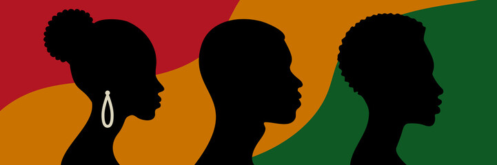 Bold silhouette art of three African profiles celebrating identity, unity and empowerment. Perfect for Black History Month, equality campaigns and cultural awareness projects.