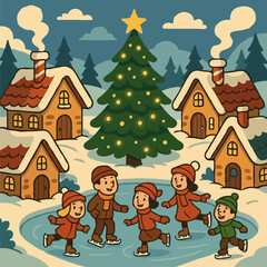 Joyful children ice skating on a frozen pond amidst a charming winter village with a grand christmas tree