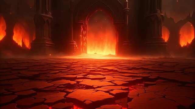 Fiery passage depicted as entrance to hell concept. A dramatic scene with flames illuminating the dark, cracked landscape.