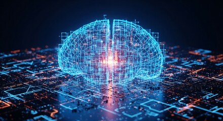 Futuristic brain with glowing blue circuits on modern motherboard background