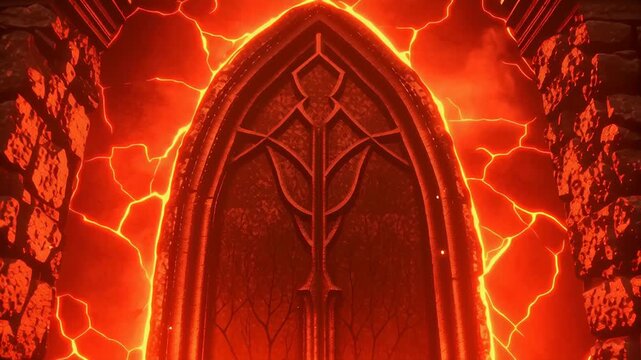 Fiery passage depicted as entrance to hell concept. The image showcases a grand, ominous gate surrounded by lava and fiery cracks.