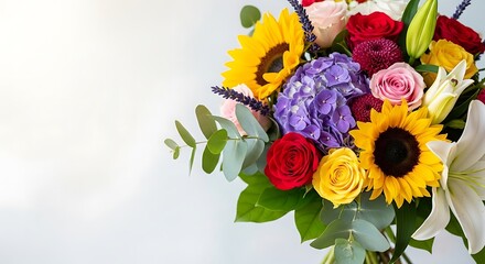 Obraz premium Radiant Floral Arrangement with Sunflowers, Roses, and Hydrangeas