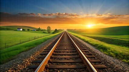 Fototapeta premium Railway tracks leading to sunrise over rolling green hills and distant farmhouses with dramatic sky