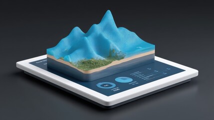 3D Topographic Model Displayed on Tablet Showing Mountainous Landscape with Detail and Data Visualization for Environmental Analysis