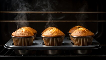 Golden muffins baking in a muffin tin, with steam rising in a dark oven