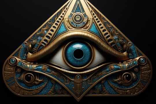 Ornate mystical eye pyramid symbol with intricate golden and turquoise detailing on a dark background