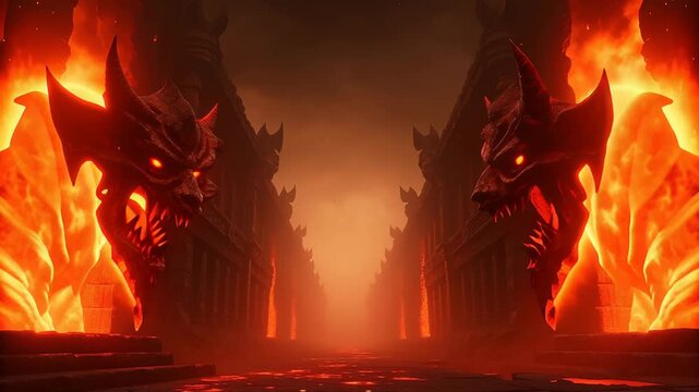 Fiery passage depicted as entrance to hell concept. The scene features flowing lava and ominous statues flanking the pathway.