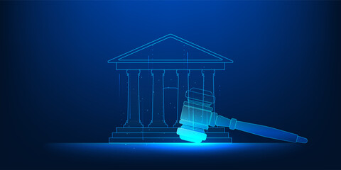 AI Justice Court Technology Concept, Smart Legal System with Artificial Intelligence Assisting Fair Judgment, Courthouse with Gavel Symbol, Unbiased Decision Making, LegalTech Innovation, Digital Law