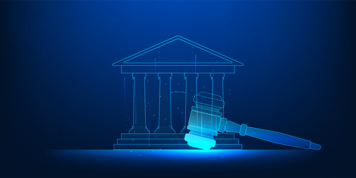 AI Justice Court Technology Concept, Smart Legal System with Artificial Intelligence Assisting Fair Judgment, Courthouse with Gavel Symbol, Unbiased Decision Making, LegalTech Innovation, Digital Law
