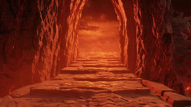 Fiery passage depicted as entrance to hell concept. A bridge of stone leads through a lava-filled landscape under a dark, smoky sky.