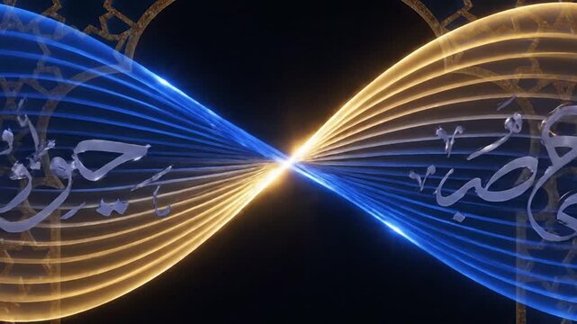 Abstract digital animation featuring blue and gold glowing wavy lines intertwining on a dark background, adorned with elegant silver Arabic calligraphy and golden Islamic geometric frame.