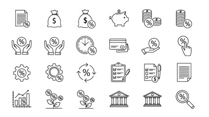 Finance Investment and Interest Rate Thin Line Icon Set
