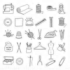 Hand drawn sewing and tailoring tool icon set for craft and hobby