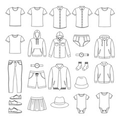 Men and Children Fashion Clothing and Accessories Outline Icon Set
