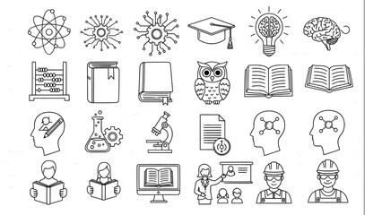 Education and Science Research Outline Icon Set on Grid Background