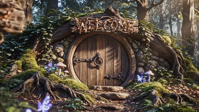 Enchanted forest home entrance with a rustic wooden door and a 'Welcome' sign crafted from natural materials