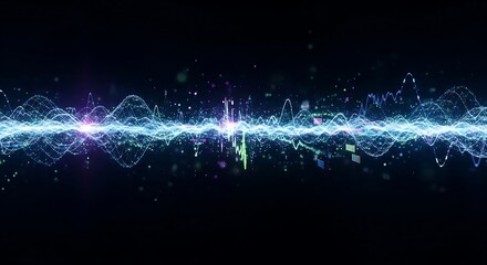 Vibrant digital waveform with glowing blue lines and particles
