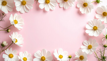 White Cosmos Flowers on Pink