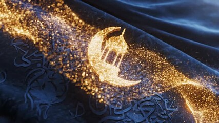 Dynamic abstract visualization with shimmering golden glitter particles forming a crescent moon and lantern symbol on a dark blue wavy fabric featuring Arabic calligraphy. Spiritual and festive.