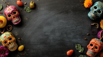 Colorful sugar skulls are placed on a dark surface. Flowers and fruits surround the skulls showing elements of a cultural celebration. This scene is designed for a festive atmosphere.
