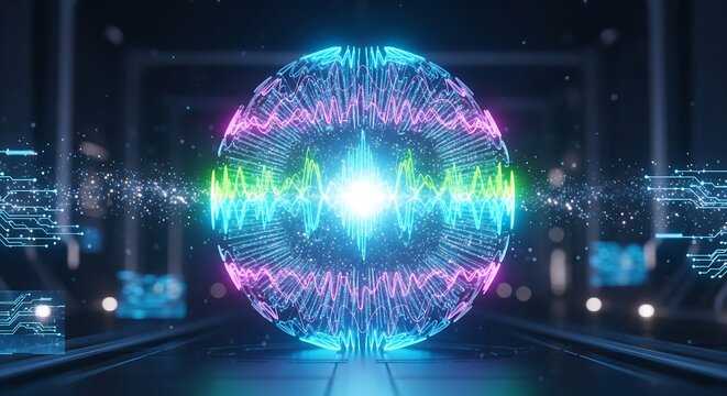 Vibrant digital globe with neon waveform patterns glowing brightly - Powered by Adobe