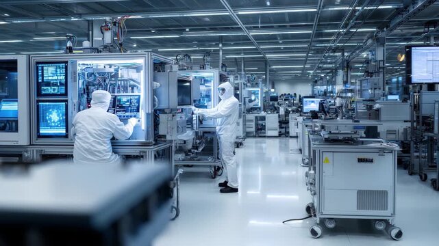 Two scientists in cleanroom suits working with advanced semiconductor manufacturing equipment in a hightech factory setting, 4k high quality footage