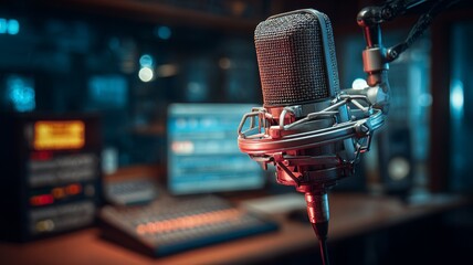 Close-up of professional microphone on table in modern recording studio for podcasting, broadcasting, and audio production, lifestyle concept with high-tech equipment and creative workspace setup