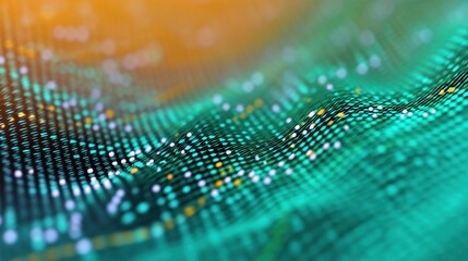 Abstract digital landscape with flowing patterns of light and color, showcasing vibrant shades of green, orange, yellow, and blue in a futuristic design