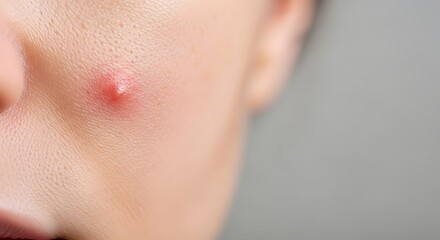 Fototapeta premium Close-up of inflamed acne on the cheek, highlighting common skin problems and the importance of a dermatology treatment concept.