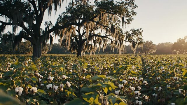 Fluffy white cotton blossoms bloom in a sun-drenched southern plantation field under moss-draped trees