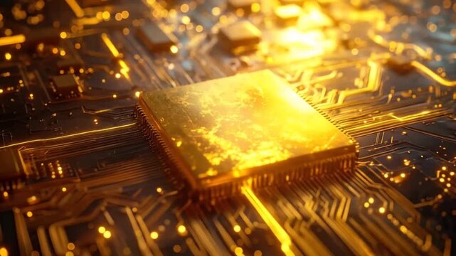 Glowing Golden Circuit Board: Futuristic Technology and Innovation.