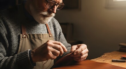 Elderly man focused on carefully stitching a brown leather item by hand, demonstrating a traditional craftsmanship concept with expertise and precision