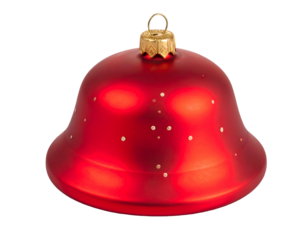 Shiny red bell-shaped ornament with gold top, dotted with white