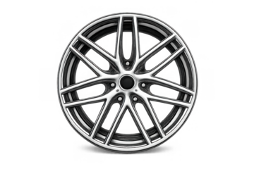 Silver alloy wheel rim with multi-spoke design for fast cars and vehicle tuning on transparent background