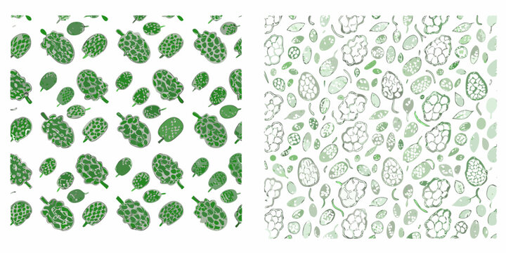 Close up of a repeating pattern featuring green hops flowers on white background
