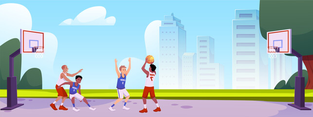 Outdoor sports ground, children playing basketball, trees, hoop, city, sky. © sabelskaya