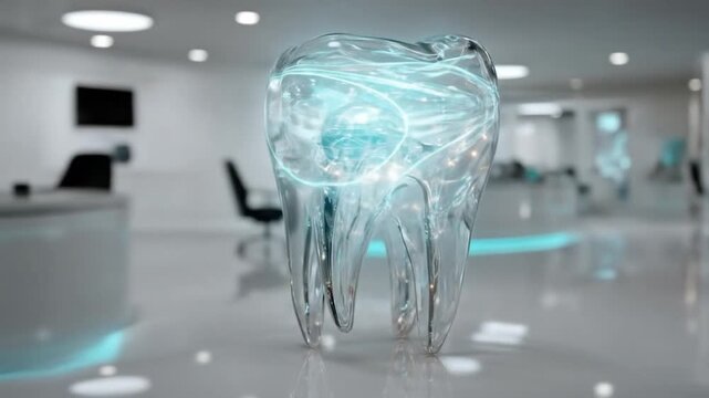 Transparent tooth model with glowing interior in a dental office setting