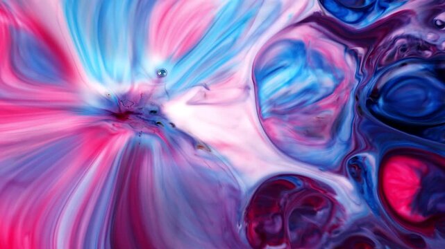 Abstract Grunge Art Ink Paint Spread Blast Explode Background. Colorful Psychedelic Morphing Food Ink Transition and Swirling in Liquid Motion. Soft Vibrant Chemical Reaction